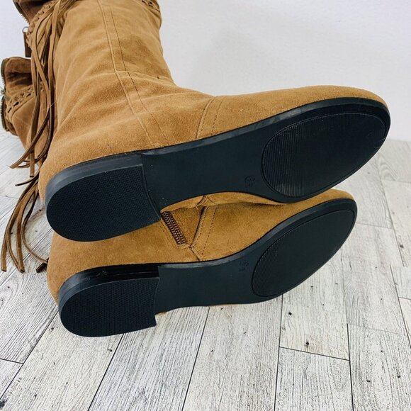 Mudd Womens Reto Tall Boots Size 6.5 Cognac Brown Hippie Bohemian Fringe Tassel - Picture 9 of 14